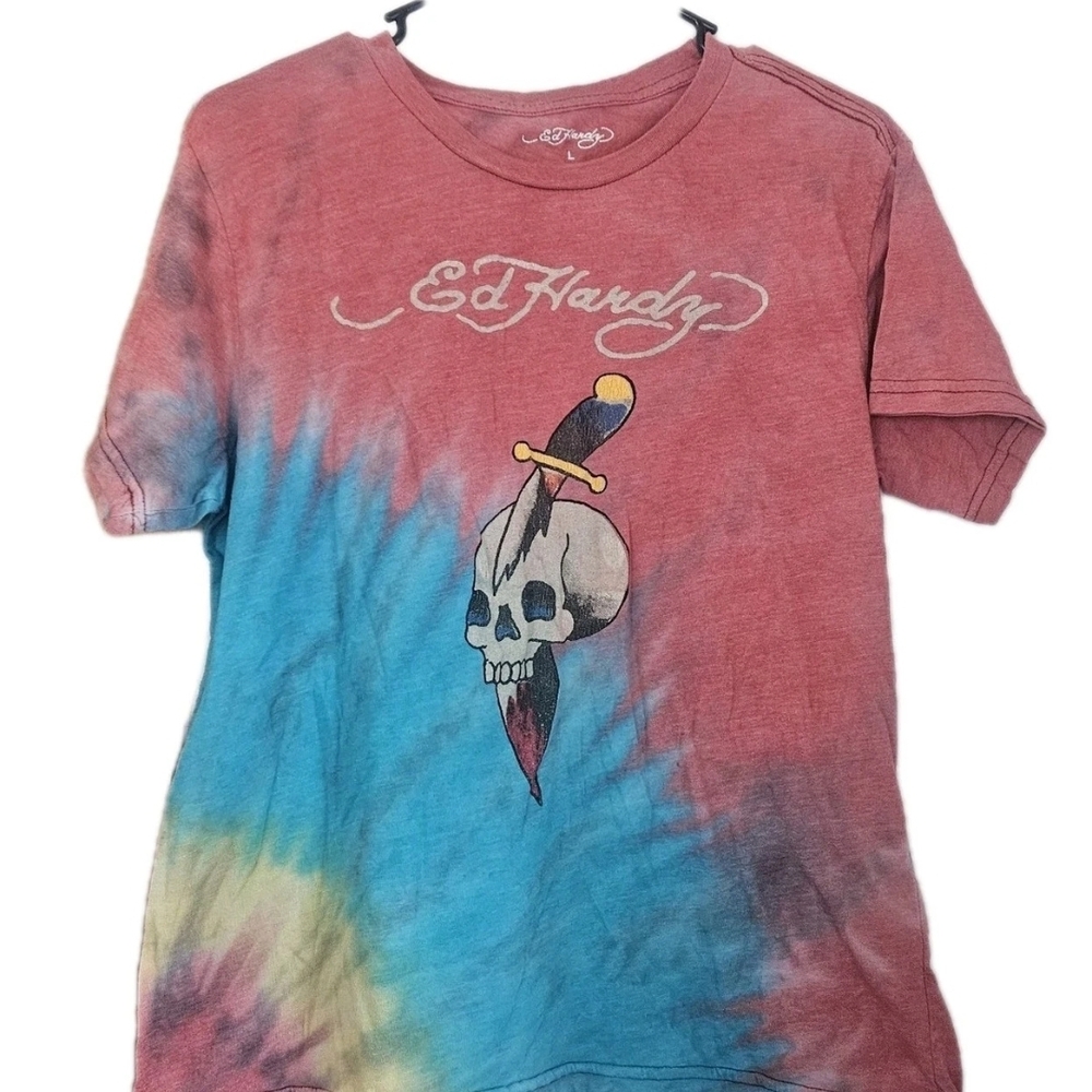 Ed Hardy Red and Blue Tie-Dye Skull Tee